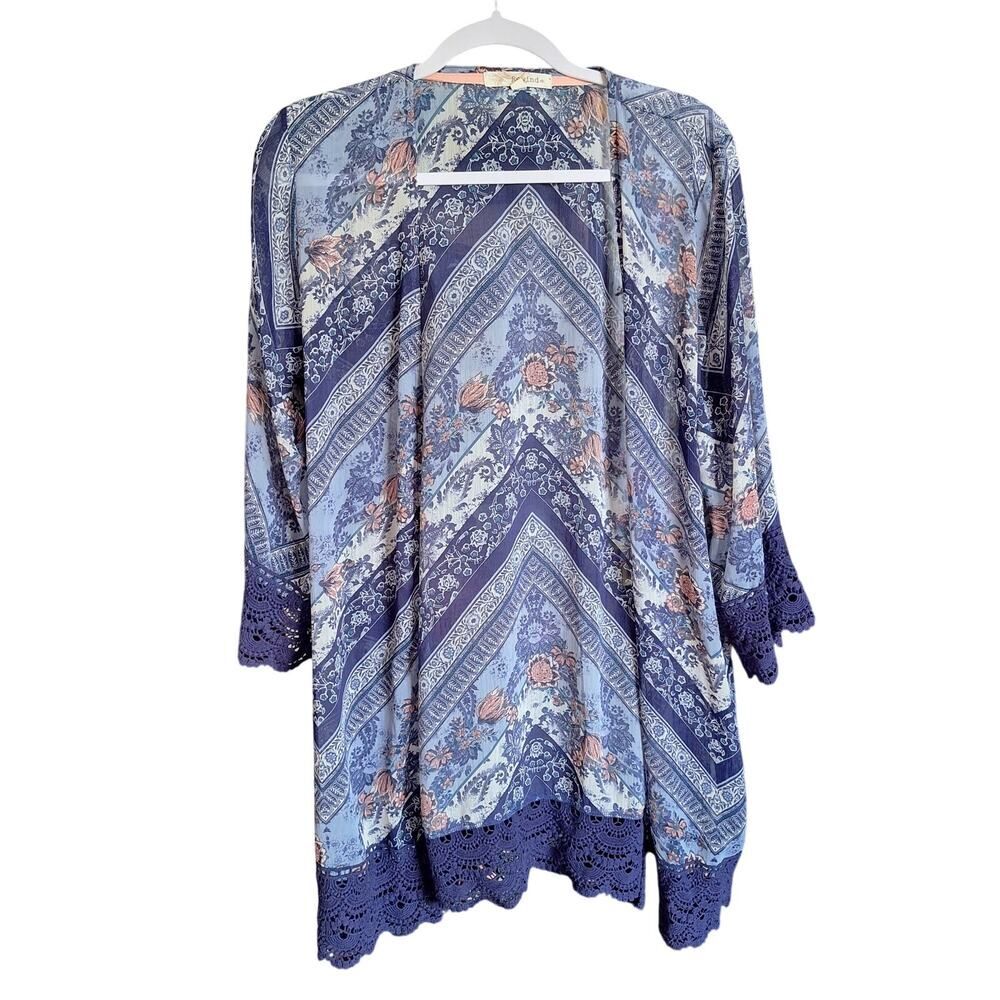 Rewind Blue Floral Paisley Kimono Jacket with Lace Trim